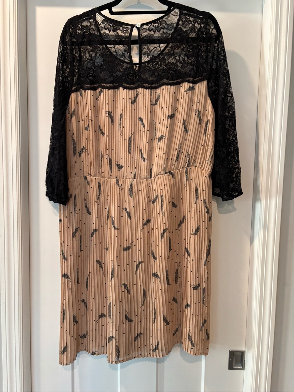 Black Rainn Nude and Black Feather Pleated Dress with Black Lace Sleeves XL